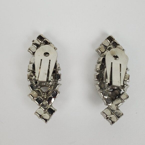 Vintage Clear Crystal Rhinestone Glass Statement Silver Tone Clip On Earrings - Picture 6 of 10